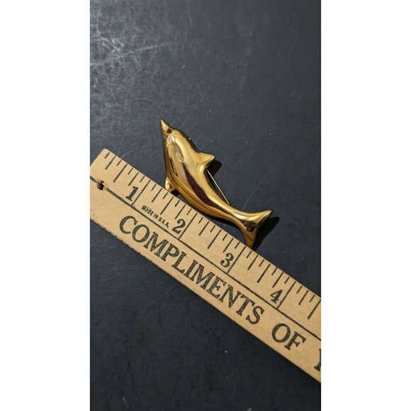 Vintage Gold Dolphin Brooch Pin With Rhinestone Eye fish water ocean 3" - Picture 6 of 6